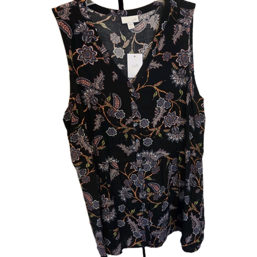 NWT J Jill Sleeveless Ladies Blouse Size L Petite Black Orange Crepe V Neck - Picture 3 of 12